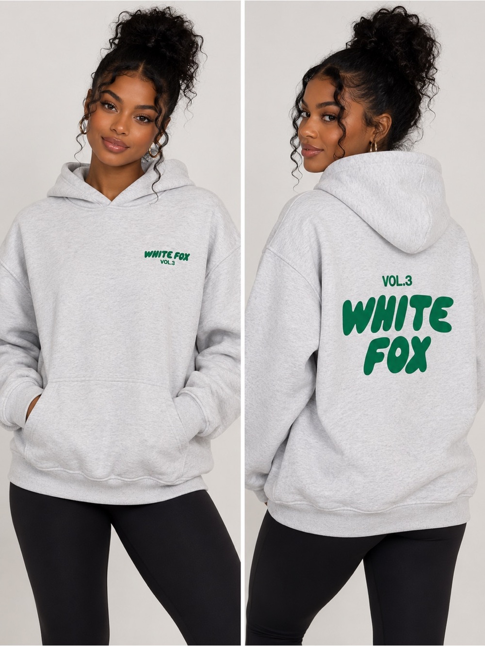 285. White Fox Vol. 3 Gray Hoodie M/L Green Graphic Oversized Streetwear Sweatsh